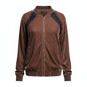 Bomber Jacket Womens S/M Brown Excellent Lace Up Velvet Zip Up